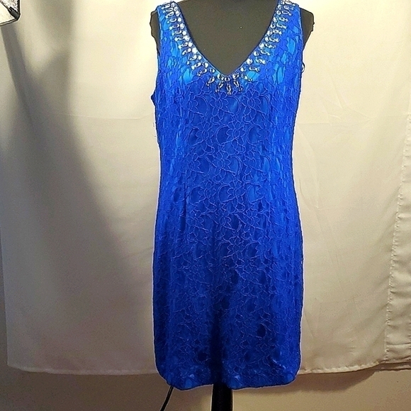 Adrianna Papell Hailey Blue Lace Evening Gown/Dress Size 14 - Picture 1 of 12